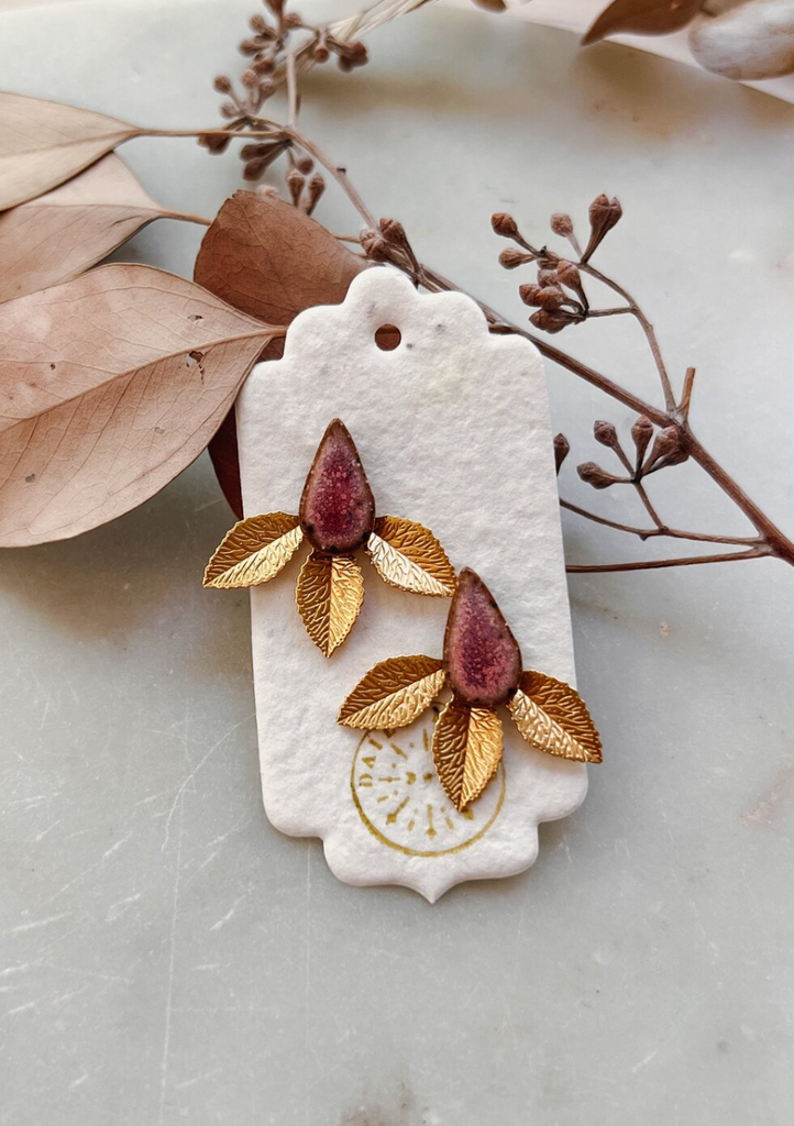 The Laurel Set: Handmade Ceramic Teardrop Stud with Removable Gold Leaf Earring Jacket - Daily Magic