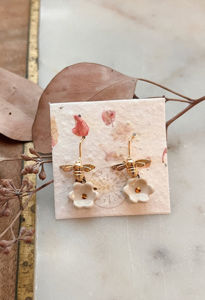 Gilded Garden: Fruit and Flower Porcelain Dangle Earrings with Gold Detailing - Daily Magic