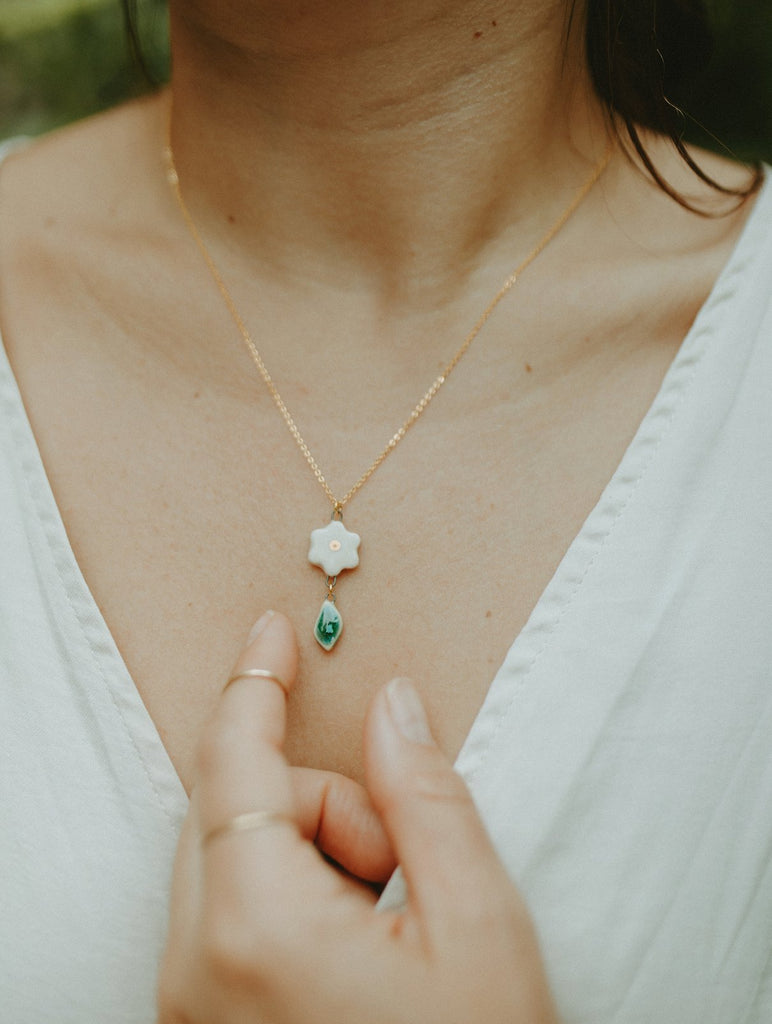 Gilded Garden: Handmade Porcelain Flower and Leaf Charm Gold Chain Necklace - Daily Magic