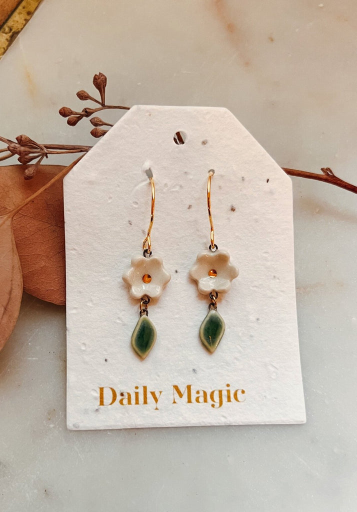 Gilded Garden: Porcelain Flower & Leaf Dangle Earrings - Daily Magic