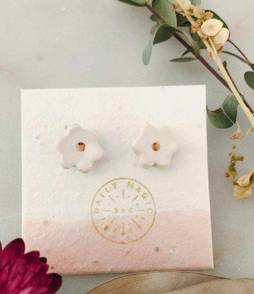 Gilded Garden: Porcelain Flower Studs with Gold Details - Daily Magic