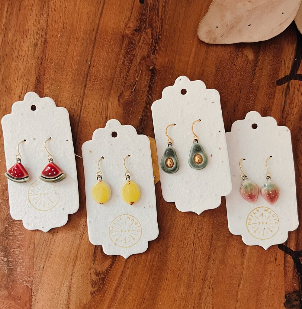 Gilded Garden: Porcelain Fruit Dangle Earrings with Gold Details - Daily Magic