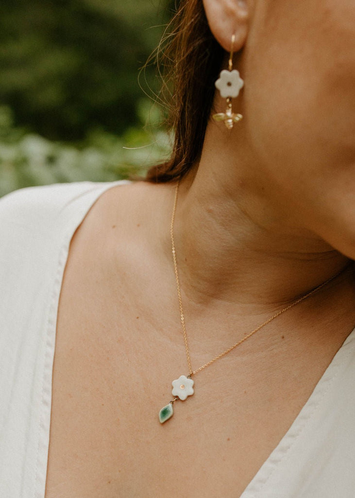 Porcelain Flower and Leaf Charm with Delicate Gold Chain Necklace - Daily Magic