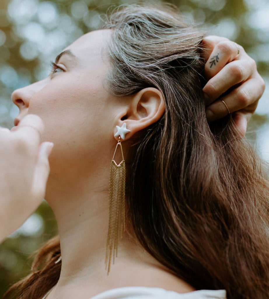 Sparkle with Celestial Charm: Porcelain Star Stud with Gold Fringe Statement Earrings - Daily Magic