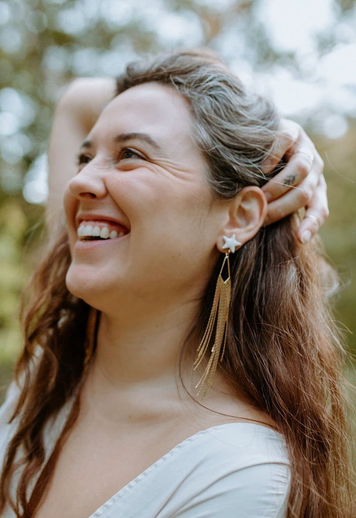 Sparkle with Celestial Charm: Porcelain Star Stud with Gold Fringe Statement Earrings - Daily Magic