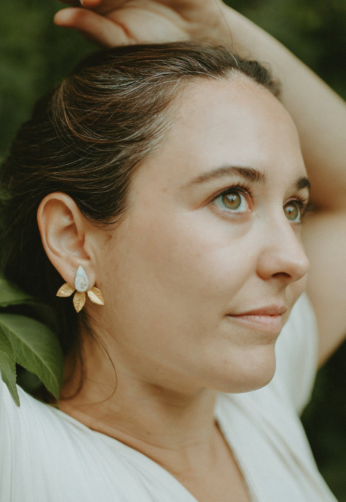 The Laurel Set: Handmade Ceramic Teardrop Stud with Removable Gold Leaf Earring Jacket - Daily Magic