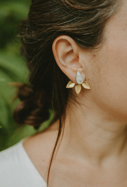 The Laurel Set: Handmade Ceramic Teardrop Stud with Removable Gold Leaf Earring Jacket - Daily Magic