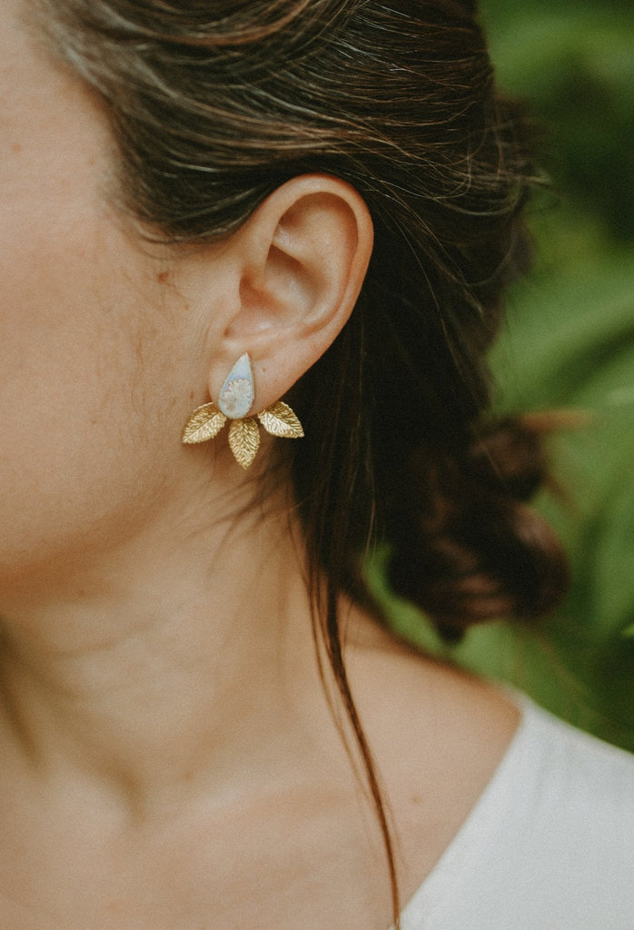 The Laurel Set: Handmade Ceramic Teardrop Stud with Removable Gold Leaf Earring Jacket - Daily Magic