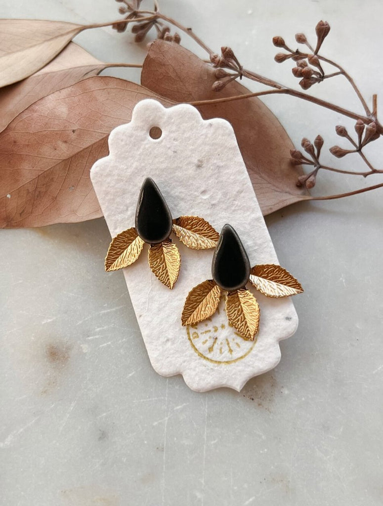 The Laurel Set: Handmade Ceramic Teardrop Stud with Removable Gold Leaf Earring Jacket - Daily Magic