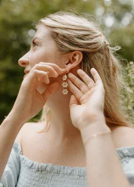 Tiered Porcelain Daisy Statement Earrings with Gold Details - Daily Magic